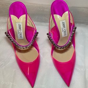Brand New!! Jimmy Choo Bing 100 Hot Pink Neon Plexi Mules with Crystal Strap